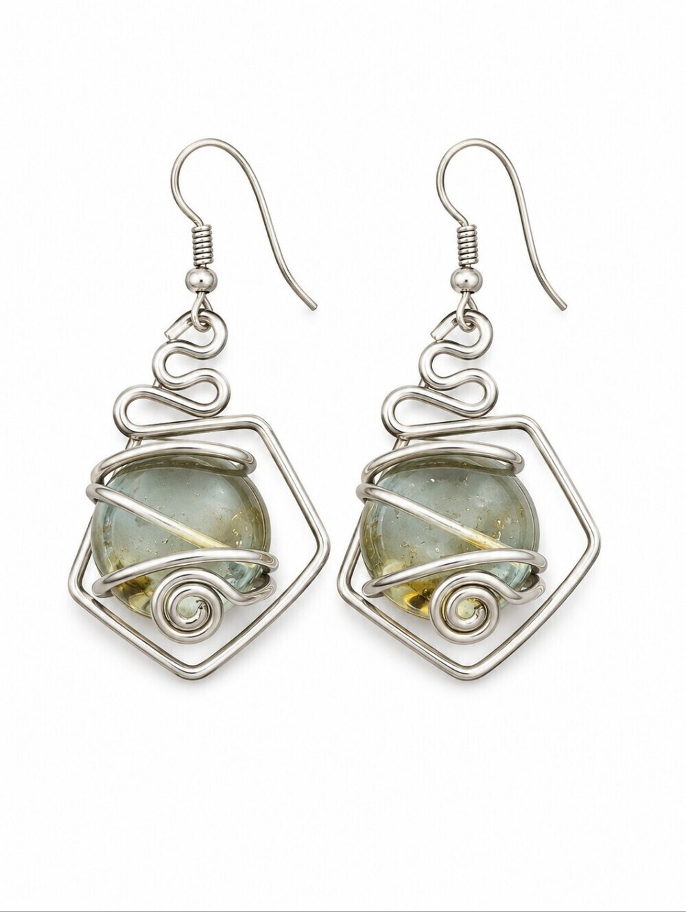 Artisan Wire Wrapped Marble Pentagon Swirl Festival Dangle Hook Earrings
